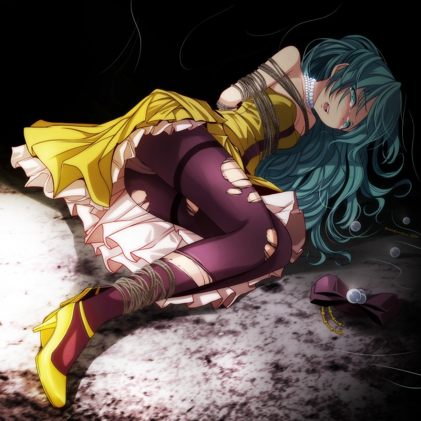 1girl aqua_eyes aqua_hair bad_id bad_pixiv_id bdsm blush bondage bound bound_arms bound_legs breasts cleavage dress female_focus hatsune_miku high_heels highres jewelry kochira_koufuku_anshin_iinkai_desu_(vocaloid) long_hair necklace panties panties_under_pantyhose pantyhose project_diva_(series) pumps restrained hatsune_miku_(siren) solo tears torn_clothes torn_pantyhose tsukishiro_saika twintails underwear very_long_hair vocaloid white_panties
