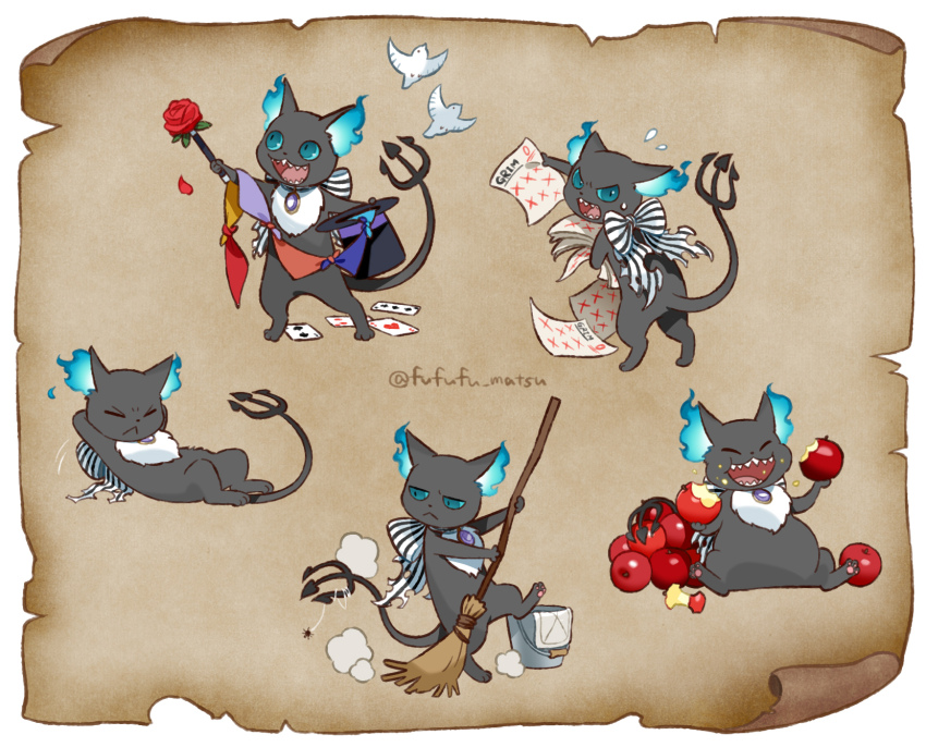 animal apple bird blue_eyes broom brown_background cleaning commentary_request creature dove eating exercising food fruit funuyu grim_(twisted_wonderland) highres holding holding_broom holding_food holding_fruit looking_at_viewer magic_trick multiple_views neck_ribbon paper_background ribbon sit-up test_score twisted_wonderland
