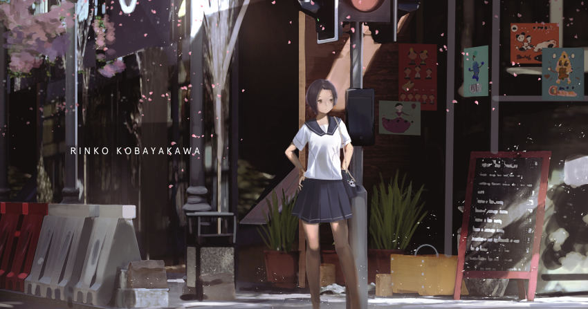 1girl absurdres bag black_sailor_collar black_skirt brown_eyes brown_hair building closed_mouth commentary day faiz_azhar falling_petals feet_out_of_frame hand_on_own_hip highres kobayakawa_rinko lamppost love_plus outdoors petals pleated_skirt poster_(object) sailor_collar school_bag school_uniform serafuku shirt short_hair short_sleeves shoulder_bag skirt solo traffic_light white_shirt