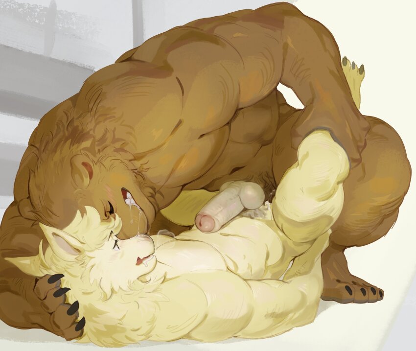 2boys abs absurdres alpaca_boy alpaca_ears anal animal_ears bara bear_boy bear_ears beastars character_request claws clenched_teeth closed_eyes commentary completely_nude dangpa drooling english_commentary erection furry furry_male highres male_focus male_penetrated multiple_boys muscular muscular_male nude pectorals penis riz_(beastars) teeth testicles yaoi