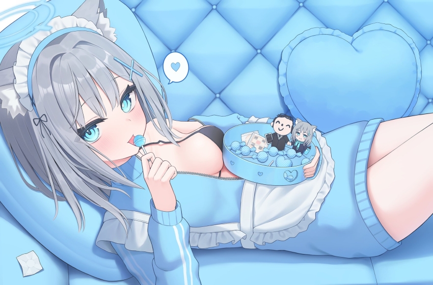 1girl alternate_costume animal_ear_fluff animal_ears apron bikini black_bikini blue_archive blue_eyes blue_halo blue_jacket blush box breasts candy character_doll commentary_request condom condom_wrapper couch cowboy_shot cross_hair_ornament doll doodle_sensei_(blue_archive) enmaided food frilled_apron frills from_side grey_hair hair_between_eyes hair_intakes hair_ornament halo heart heart-shaped_pillow highres holding holding_box honyuuruinomoto jacket jersey_maid licking_food lollipop long_hair long_sleeves looking_at_viewer lying maid maid_apron maid_headdress medium_breasts mismatched_pupils on_back on_couch open_clothes open_jacket pillow sensei_(blue_archive) shiroko_(blue_archive) sidelocks solo speech_bubble spoken_heart string_bikini swimsuit thighs tongue tongue_out track_jacket unconventional_maid wolf_ears
