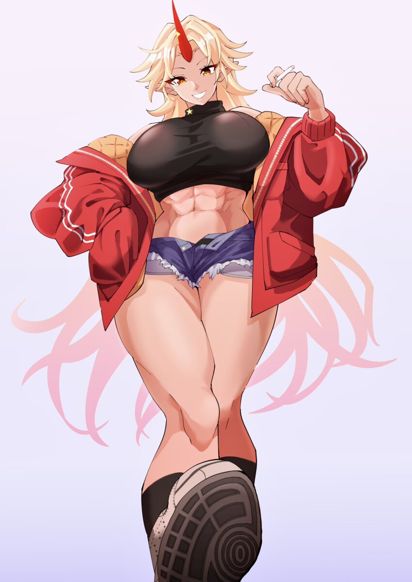 1girl blonde_hair breasts fugaku_(miko_no_miyatsuguchi) highres horn hoshiguma_yuugi large_breasts long_hair midriff off_shoulder ponytail solo touhou