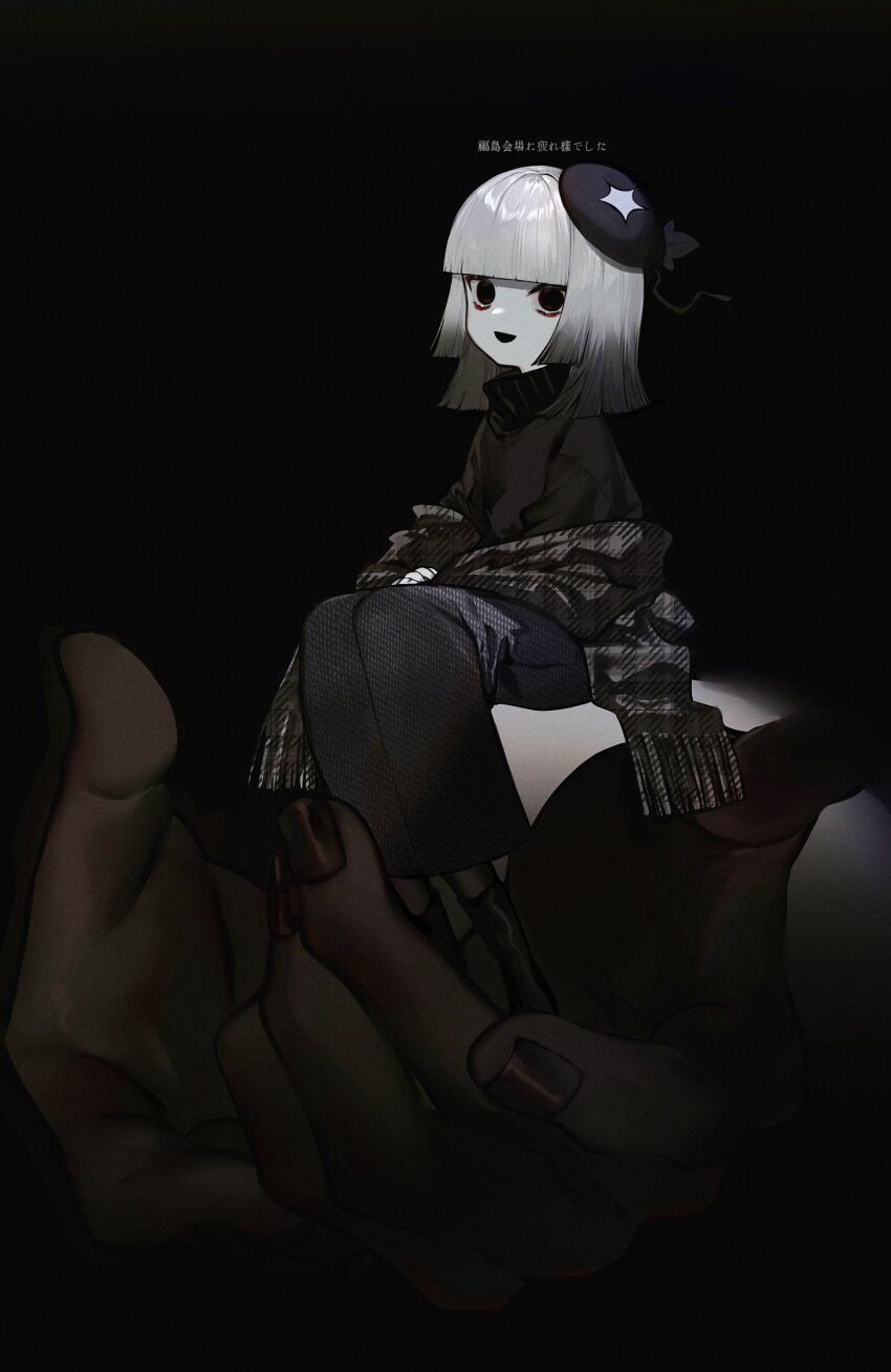 1girl absurdres albino_(a1b1n0623) black_eyes black_hair black_hat black_scarf black_skirt black_sweater blunt_bangs breasts fate/grand_order fate_(series) ghost_hands giant_hand gradient_hair grey_hair hat highres long_skirt long_sleeves looking_at_viewer medium_hair multicolored_hair open_mouth scarf sen_no_rikyu_(fate) skirt small_breasts smile solo sweater unmoving_pattern