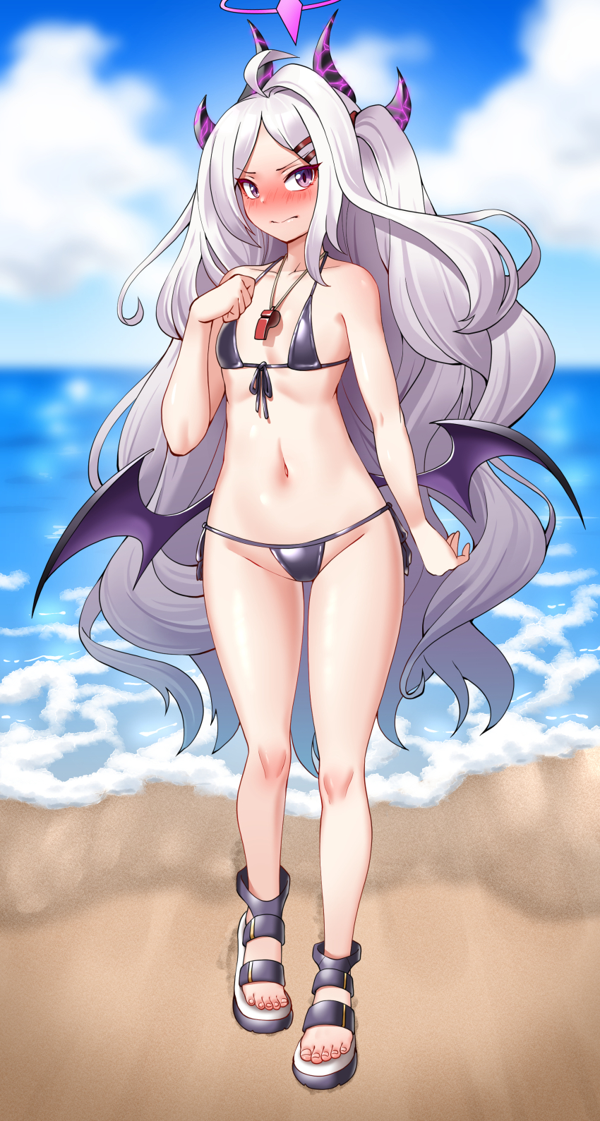 1girl absurdres bare_arms bare_shoulders beach bikini black_bikini blue_archive blue_sky blush closed_mouth cloud collarbone day demon_girl demon_horns demon_wings full_body hair_ornament halo highres hina_(blue_archive) hitch_(perotoss) horizon horns long_hair looking_at_viewer low_wings micro_bikini navel nose_blush ocean outdoors purple_eyes sand sky solo standing stomach swimsuit very_long_hair white_hair wings