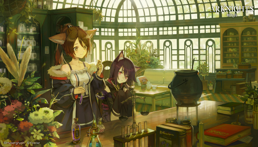 2girls absurdres alchemy animal_ear_fluff animal_ears apron arknights armband bare_shoulders black_dress black_gloves black_jacket black_legwear blue_apron blue_jacket blue_ribbon book bottle brown_eyes brown_hair cat_ears cauldron chair checkered_floor chemistry_set choker commentary_request copyright_name couch cupboard cushion dress dropper expressionless fingerless_gloves flower fox_ears fur-trimmed_jacket fur_jacket fur_trim gloves hair_between_eyes hair_ornament hair_ribbon handkerchief hands_on_own_knees head_tilt high_ponytail highres hihara_you holding holding_bottle huge_filesize indoors jacket knee_up laboratory long_hair long_sleeves looking_afar looking_at_object melantha_(arknights) multicolored_hair multiple_girls off_shoulder official_art own_hands_together parted_lips perfumer_(arknights) plant ponytail potion potted_plant purple_armband purple_dress red_eyes ribbon scales sitting smile table tagme test_tube thighhighs two-tone_dress two-tone_hair vial waist_apron white_dress white_fur window