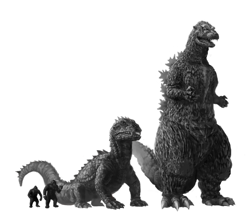 1girl absurdres ann_darrow ape crossover cuffs dinosaur dress dual_persona giant giant_monster godzilla godzilla_(1954_movie) godzilla_(series) gorilla highres kaiju king_kong king_kong_(1933) king_kong_(series) monochrome monster multiple_crossover restraints rhedosaurus rko_radio_pictures shackles size_comparison size_difference tail the_beast_from_20,000_fathoms toho ultra-taf warner_bros.