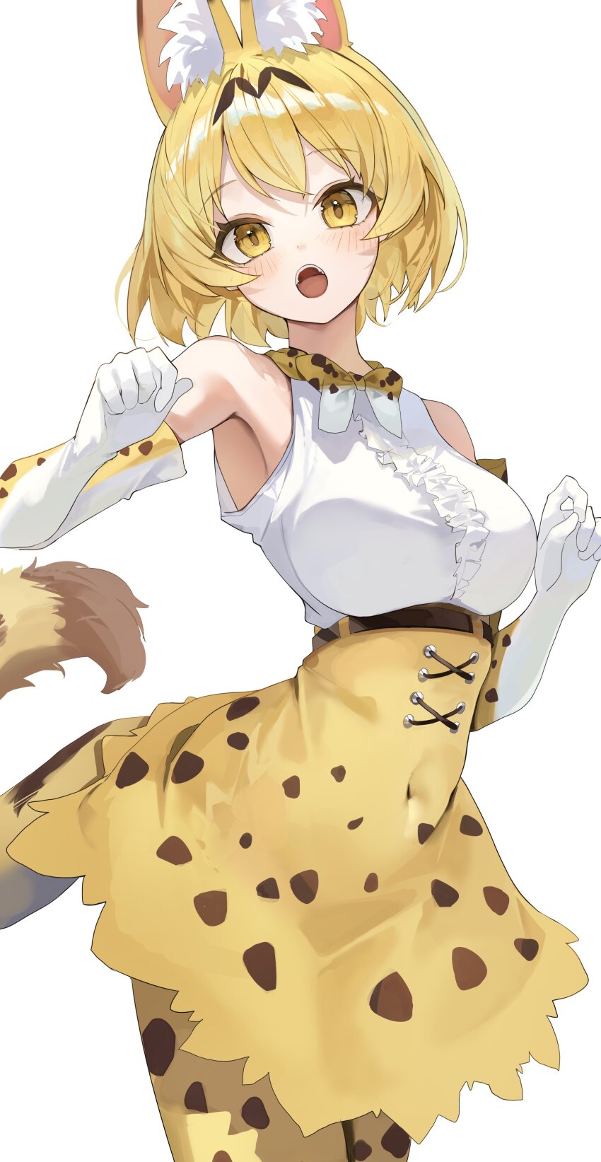 1girl absurdres animal_ears animal_ears_(norankkori) bare_shoulders blonde_hair breasts elbow_gloves gloves hair_between_eyes highres kemono_friends large_breasts looking_at_viewer pantyhose serval_(kemono_friends) shirt simple_background skirt solo white_background white_shirt yellow_eyes yellow_pantyhose yellow_skirt