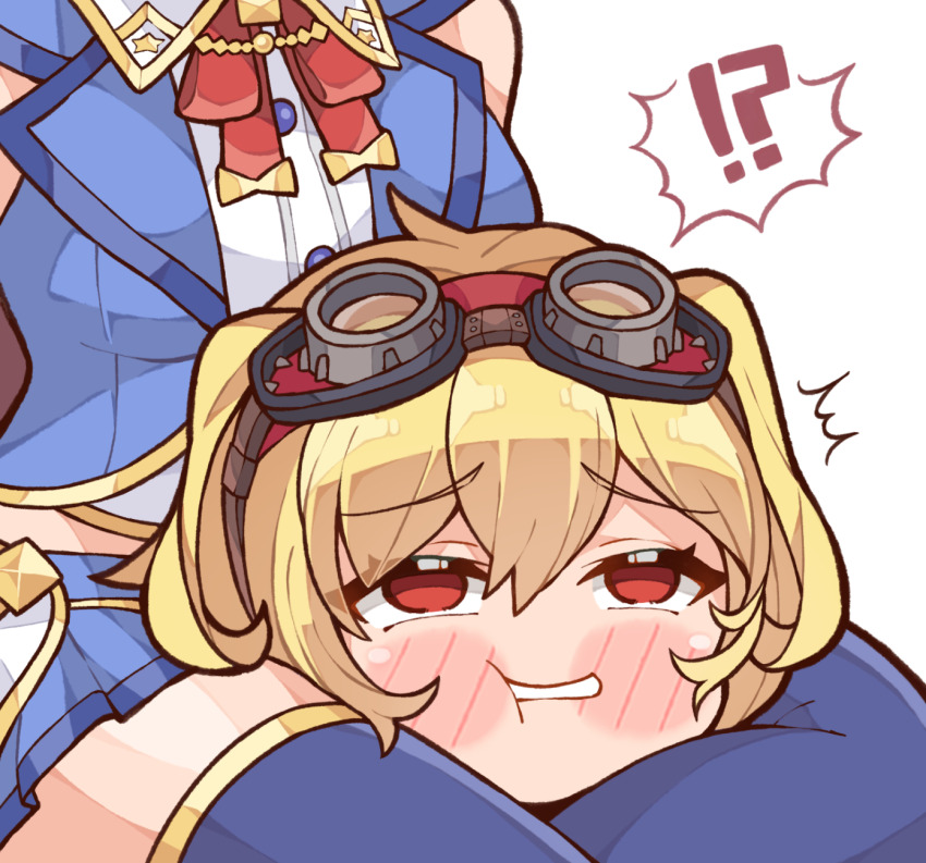 !? 2girls blonde_hair blue_skirt blue_thighhighs breasts commentary english_commentary goggles goggles_on_head hair_between_eyes highres hololive kaela_kovalskia kukie-nyan large_breasts long_hair miniskirt multiple_girls no_pupils pleated_skirt red_eyes scissorhold simple_background skirt solo_focus thighhighs thighs tokino_sora virtual_youtuber white_background