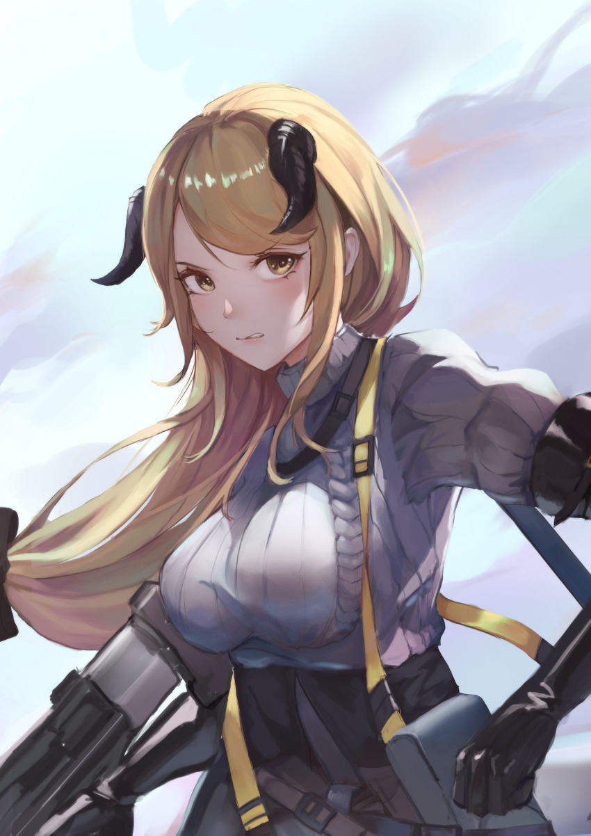1girl absurdres aran_sweater arknights black_gloves black_skirt blonde_hair bow_(weapon) breasts cable_knit clenched_teeth crossbow demon_horns elbow_gloves eru_(eru_illust) eyelashes female_focus gloves high-waist_skirt highres horns large_breasts lips long_hair looking_at_viewer low-tied_long_hair meteorite_(arknights) parted_bangs parted_lips skirt solo straight_hair strap sweater swept_bangs teeth turtleneck turtleneck_sweater upper_body weapon white_sweater yellow_eyes