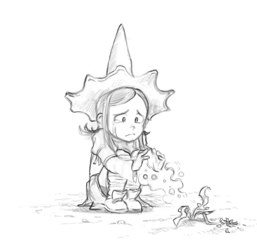 1girl armband crying david_revoy dress florakinesis greyscale hair_behind_ear hat leg_warmers long_sleeves magic medium_hair miniskirt monochrome outdoors pepper&amp;carrot pepper_(pepper&amp;carrot) plant puffy_short_sleeves puffy_sleeves rock shirt shoes short_sleeves sidelocks skirt solo squatting witch_hat