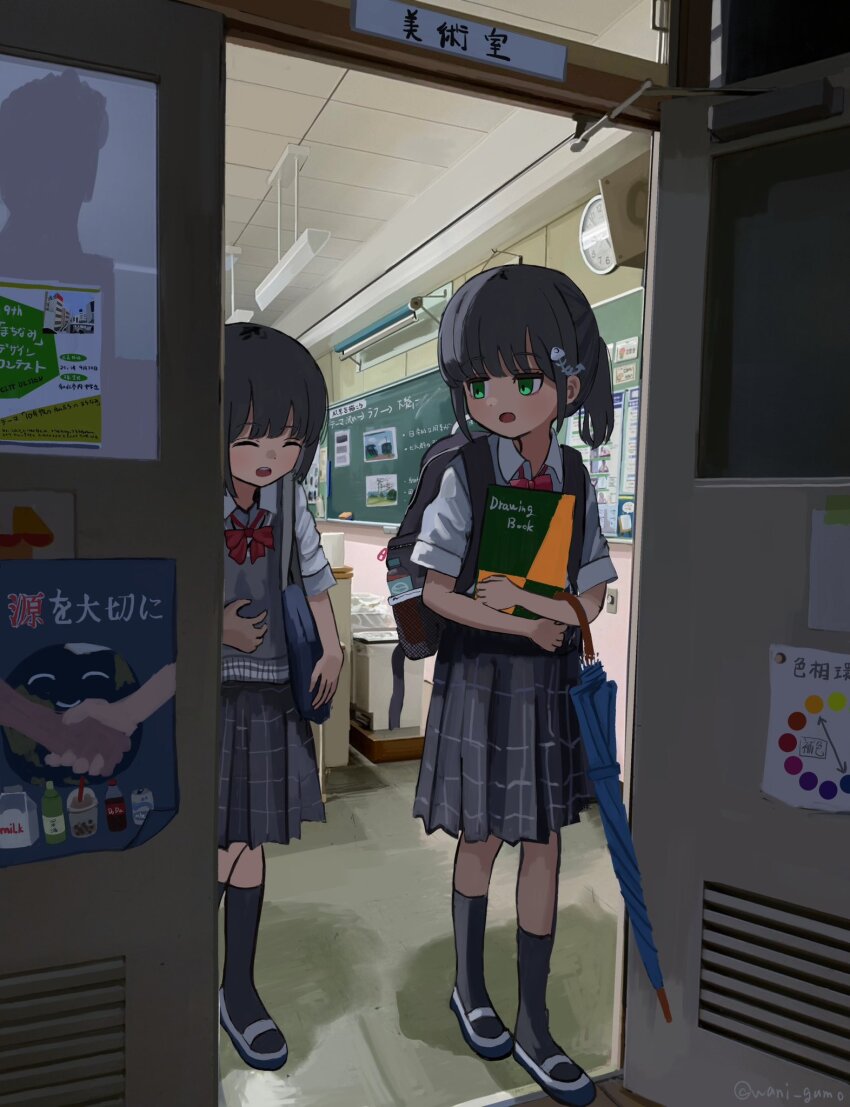 2girls black_hair book closed_eyes green_eyes hair_ornament highres kneehighs long_hair multiple_girls open_mouth original plaid_clothes plaid_skirt pleated_skirt school_uniform skirt slice_of_life socks wanigumo