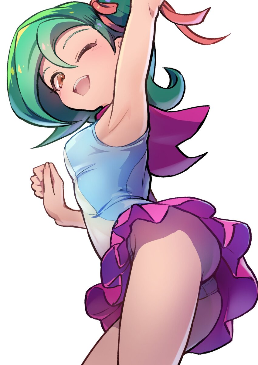 1girl absurdres armpit_focus armpits ass blush breasts brown_eyes green_hair hair_bun hair_ribbon highres looking_at_viewer mizuki_kotori_(yu-gi-oh!) multicolored_hair one_eye_closed open_mouth panties ribbon short_hair simple_background single_hair_bun skirt small_breasts smile solo two-tone_hair underwear white_background white_panties youko-shima yu-gi-oh! yu-gi-oh!_zexal