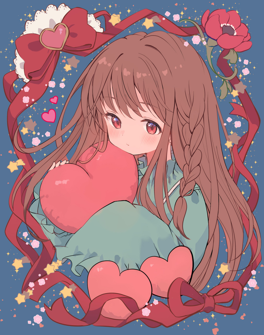 1girl blue_background blush braid brown_hair closed_mouth commentary_request cropped_torso flower heart heart-shaped_pillow highres holding holding_pillow long_hair long_sleeves looking_at_viewer marekamico original pillow red_eyes red_flower side_braid simple_background sleeves_past_wrists solo star_(symbol) tareme upper_body valentine very_long_hair