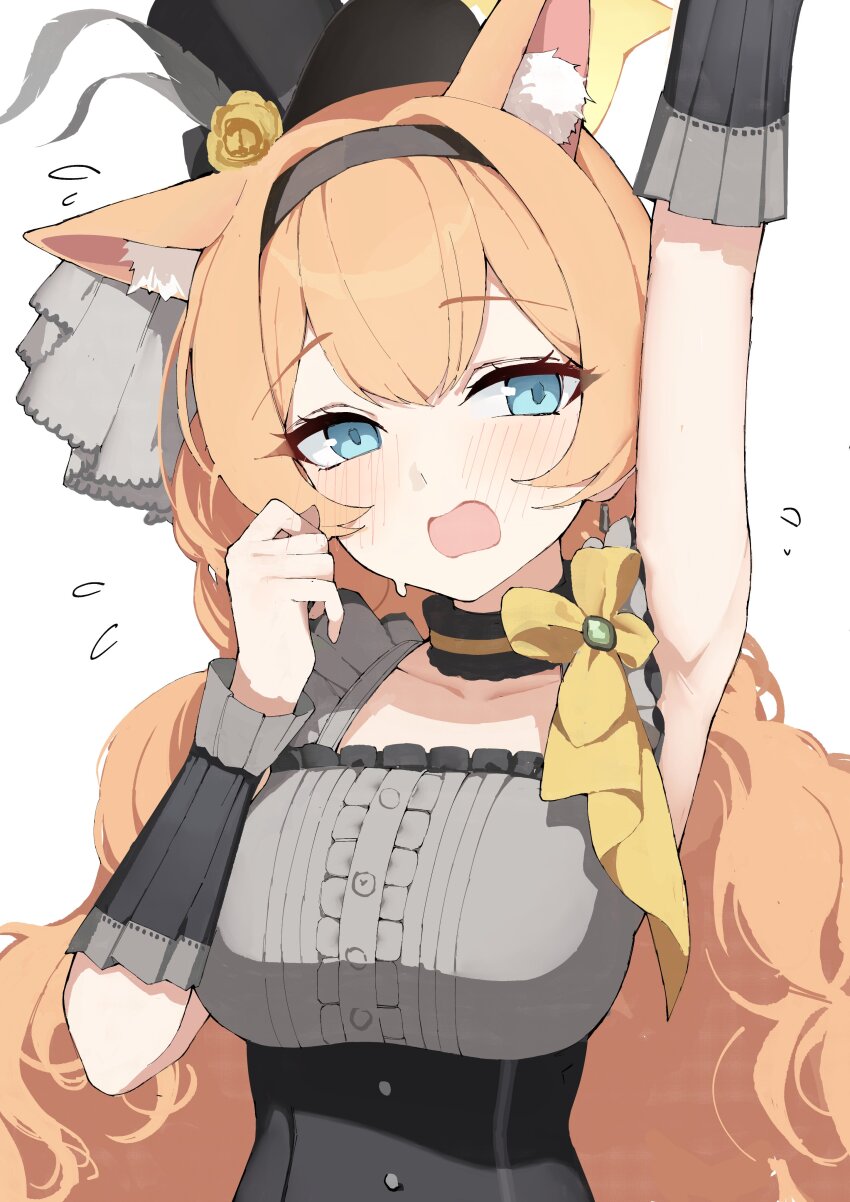 1girl absurdres animal_ears arm_up armpits blue_archive blue_eyes blush breasts cat_ears commentary djan dress flying_sweatdrops hairband halo hands_up hat highres mari_(blue_archive) mari_(idol)_(blue_archive) official_alternate_costume open_mouth orange_hair ribbon shy simple_background solo symbol-only_commentary upper_body wavy_mouth white_background