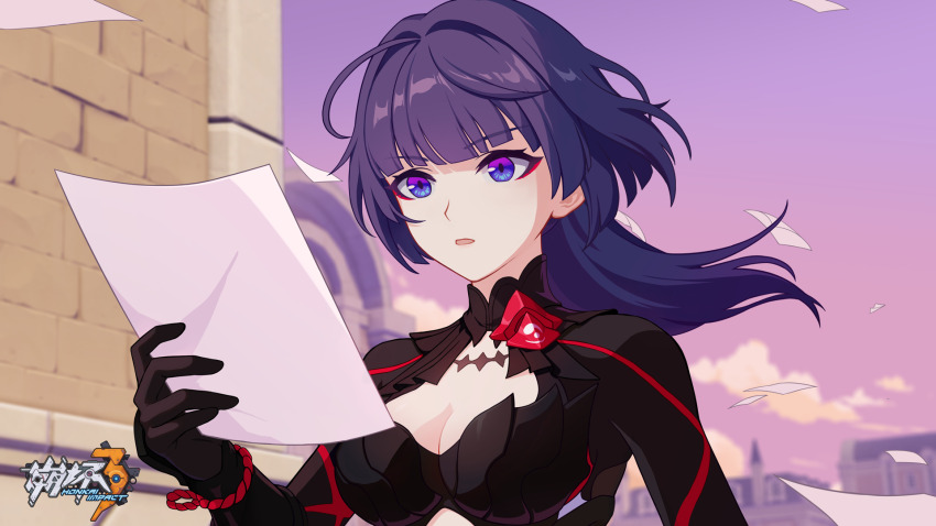 1girl :o ahoge black_gloves black_sleeves blurry blurry_background breasts building chinese_commentary cleavage cloud day gloves highres holding holding_paper honkai_(series) honkai_impact_3rd japanese_clothes logo long_sleeves makeup medium_breasts medium_hair official_alternate_costume official_art official_wallpaper open_mouth outdoors paper pink_sky ponytail purple_hair raiden_mei raiden_mei_(danzai_spectramancer) raiden_mei_(orochi_cuirass) reading sky solo upper_body v-shaped_eyebrows