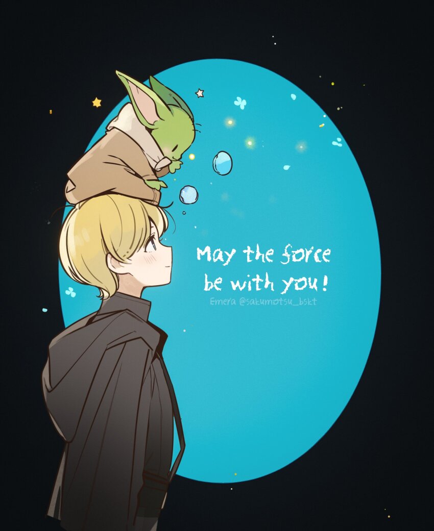 2boys alien animification artist_name black_robe blonde_hair colored_skin english_text from_side green_skin highres luke_skywalker male_focus multiple_boys olopheris on_head pointy_ears robe short_hair star_wars yoda