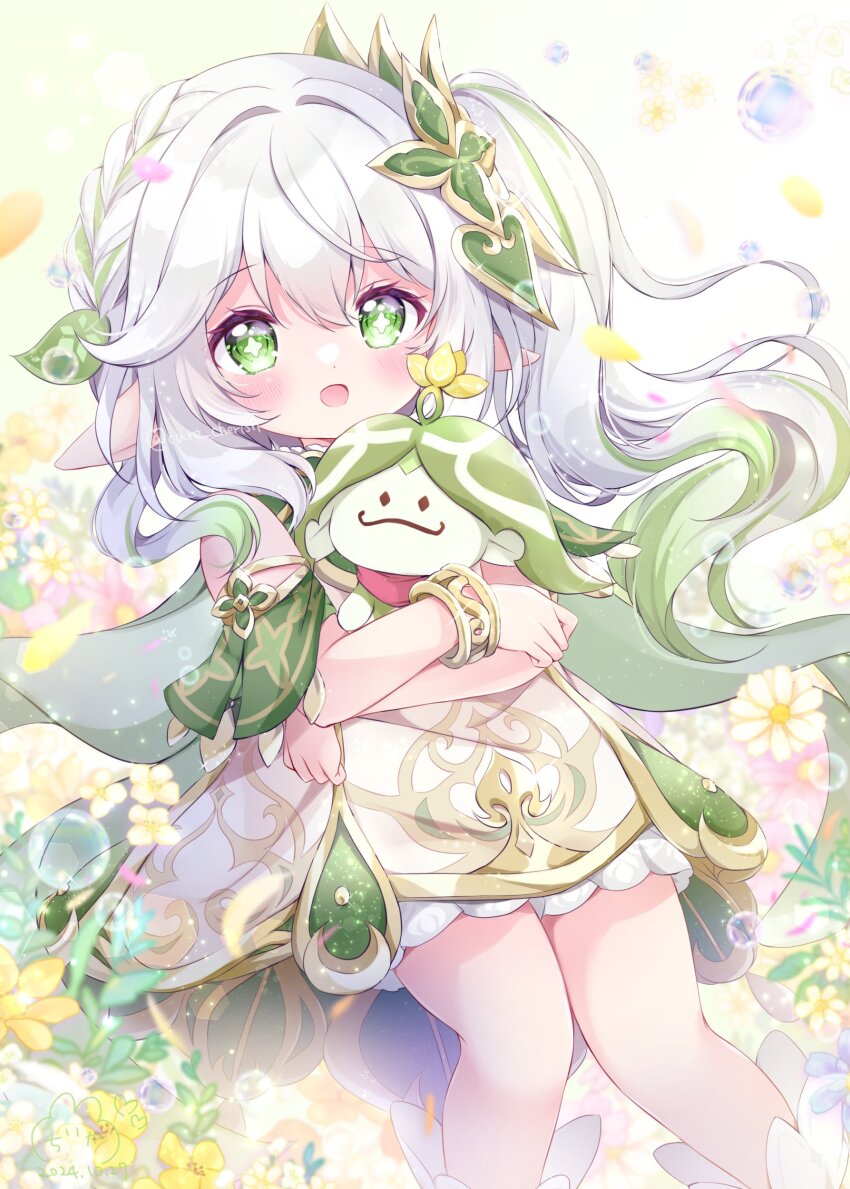 1girl :o absurdres aranara_(genshin_impact) bare_shoulders bloomers blush bracelet chiika_(cure_cherish) commentary_request dated detached_sleeves dress falling_petals feet_out_of_frame genshin_impact gold_trim gradient_hair green_eyes green_hair green_sleeves hair_between_eyes hair_ornament highres holding jewelry leaf_hair_ornament long_hair looking_at_viewer multicolored_hair nahida_(genshin_impact) petals pointy_ears side_ponytail signature sleeveless sleeveless_dress solo star-shaped_pupils star_(symbol) symbol-shaped_pupils underwear white_bloomers white_dress white_hair