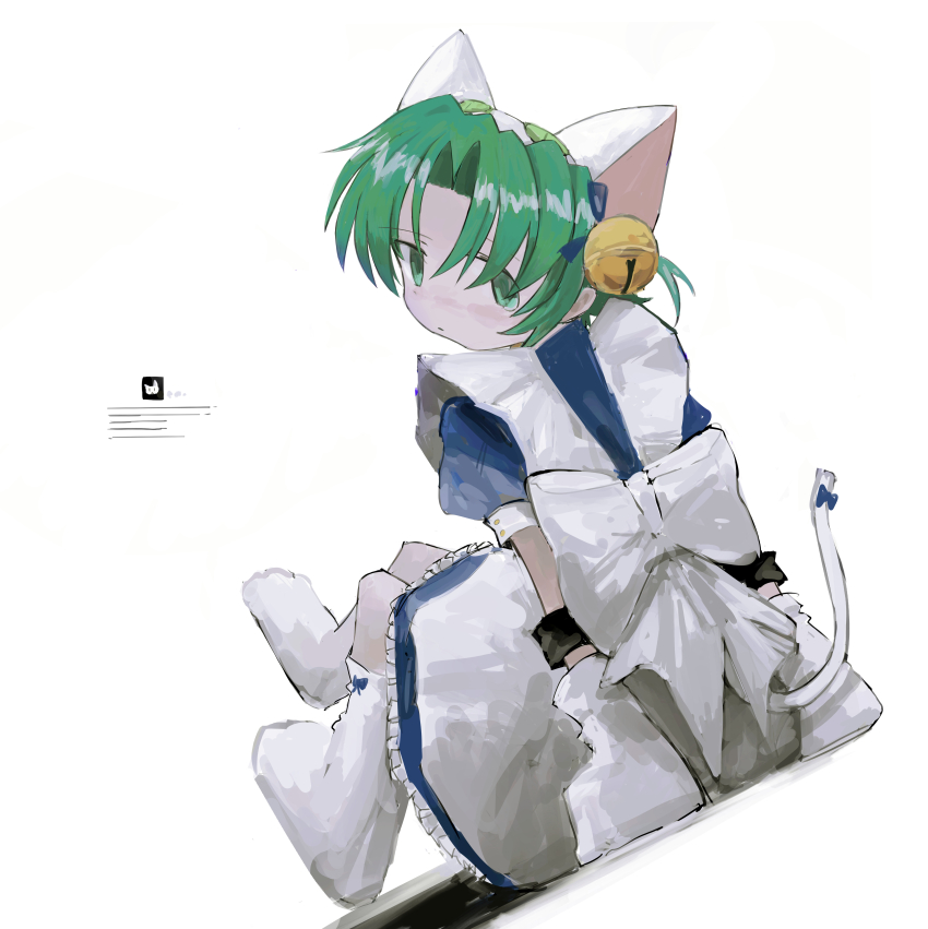 1girl absurdres apron arm_support bell blue_dress bracelet cat_tail closed_mouth dejiko di_gi_charat dress expressionless full_body green_eyes green_hair hair_bell hair_ornament hairo_(r228n) highres jewelry looking_at_viewer looking_back mittens short_hair simple_background sitting solo tail white_apron white_background white_mittens