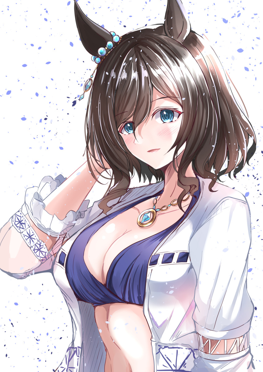 1girl absurdres animal_ears bikini blush breasts collarbone commentary_request eishin_flash_(umamusume) hair_between_eyes hair_ornament highres horse_ears horse_girl jacket jewelry kentan_(kingtaiki) looking_at_viewer medium_breasts medium_hair necklace open_mouth portrait simple_background solo swimsuit umamusume white_background