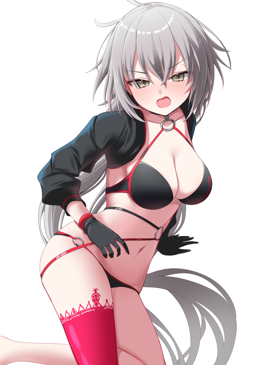 1girl absurdres ahoge bikini black_bikini black_gloves black_jacket blush breasts choker cleavage collarbone cropped_jacket fate/grand_order fate_(series) gloves grey_hair highres jacket jeanne_d&#039;arc_alter_(fate) jeanne_d&#039;arc_alter_(swimsuit_berserker)_(fate) large_breasts long_hair long_sleeves looking_at_viewer navel nigori_(keydoor) o-ring o-ring_bikini open_mouth red_thighhighs shrug_(clothing) single_thighhigh solo swimsuit thigh_strap thighhighs thighs very_long_hair yellow_eyes