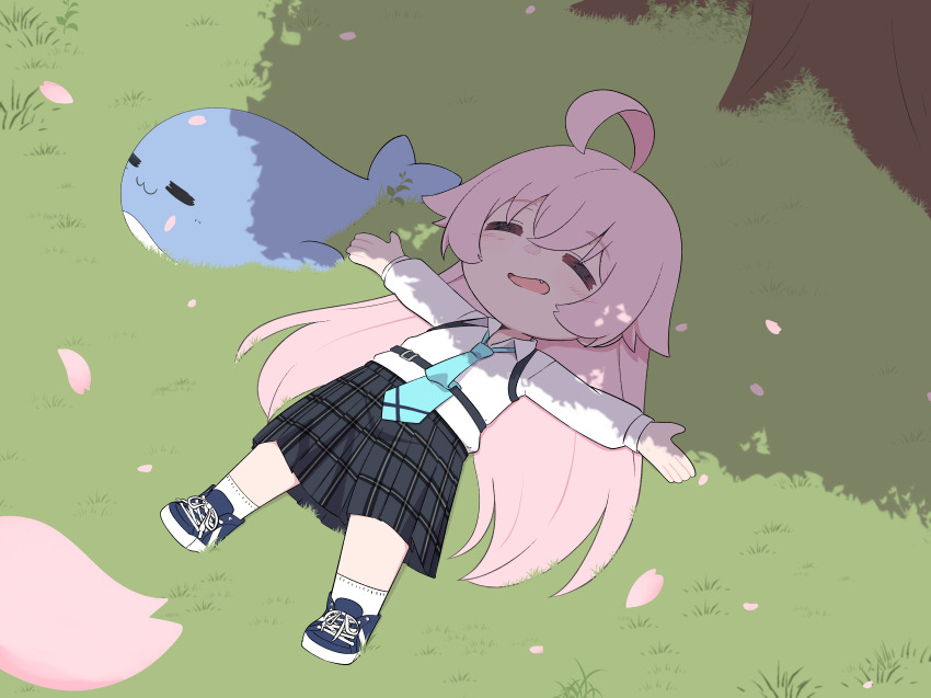 1girl :d absurdres ahoge blue_archive cherry_blossoms chibi collared_shirt commentary_request from_above grass hair_between_eyes halo highres hoshino_(blue_archive) long_hair long_sleeves looking_at_viewer lying master_m_489 on_back open_mouth outstretched_arms petals pink_hair plaid_clothes plaid_skirt pleated_skirt rose_petals school_uniform shirt shoes sidelocks skirt sleeping smile sneakers solo spread_arms stuffed_whale tree