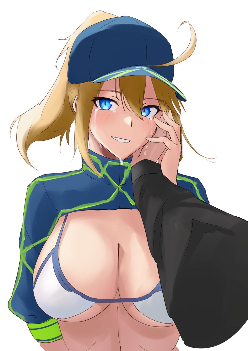1girl absurdres ahoge artoria_pendragon_(fate) baseball_cap bikini blonde_hair blue_eyes blue_hat blue_shrug blush breasts cleavage fate/grand_order fate_(series) grin hat highres large_breasts long_hair long_sleeves looking_at_viewer mysterious_heroine_xx_(fate) ponytail pov s4ika shrug_(clothing) sidelocks smile solo_focus swimsuit tearing_up white_bikini
