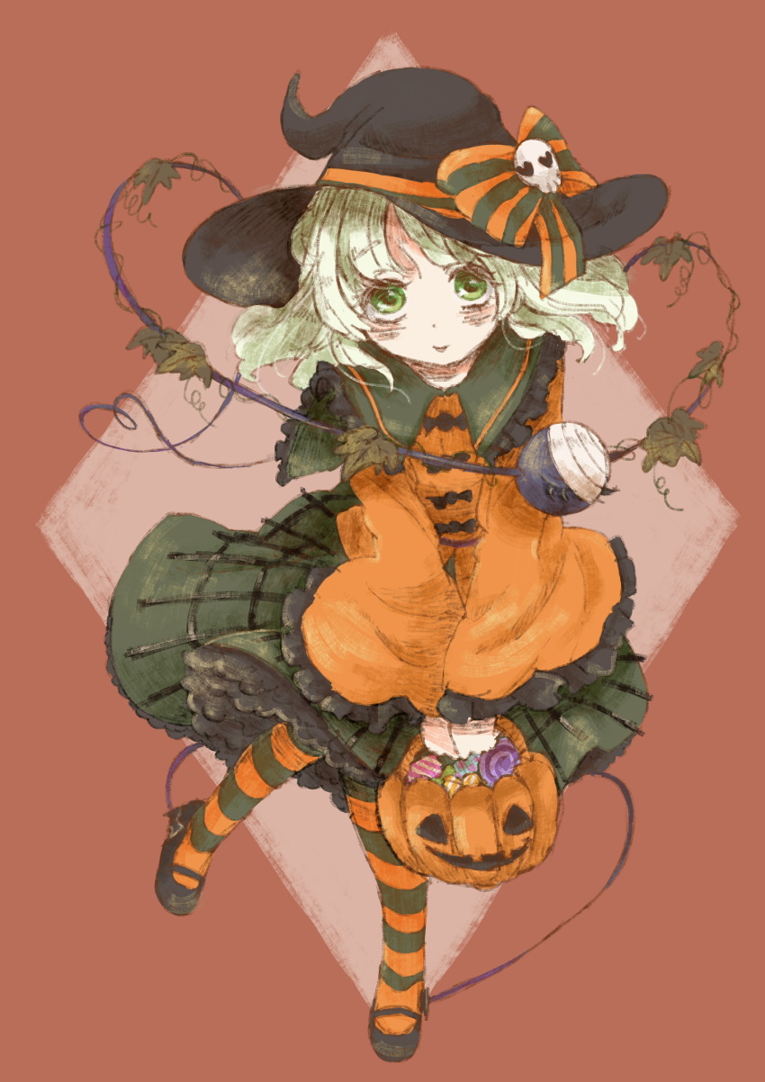 1girl adapted_costume alternate_headwear bandages black_hat black_shoes bow buchi_ooo candy collared_shirt commentary_request eyeball food frilled_shirt_collar frilled_sleeves frills green_bow green_eyes green_hair green_pantyhose green_skirt halloween halloween_costume hat hat_bow hat_ornament heart heart_of_string highres holding jack-o&#039;-lantern komeiji_koishi lollipop long_sleeves looking_at_viewer orange_bow orange_pantyhose orange_shirt pantyhose shirt shoes skirt skull_hat_ornament solo striped_clothes striped_pantyhose swirl_lollipop third_eye touhou two-tone_bow two-tone_pantyhose wide_sleeves witch_hat