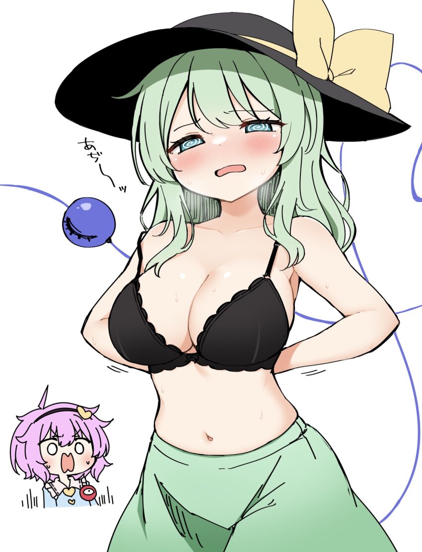 @_@ adjusting_clothes blush bow bra breasts green_eyes green_hair green_skirt hat hat_bow highres hot komeiji_koishi komeiji_satori lace lace-trimmed_bra lace_trim large_breasts open_mouth skirt sun_hat surprised suwa_yasai sweat third_eye touhou underwear