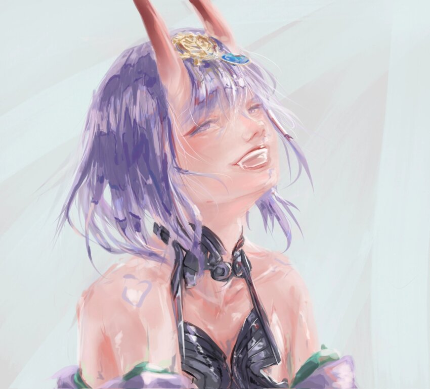 demon demon_girl fate_(series) highres horns jinj0121 oni parted_lips purple_hair sharp_teeth short_hair shuten_douji_(fate) simple_background skin-covered_horns smile teeth