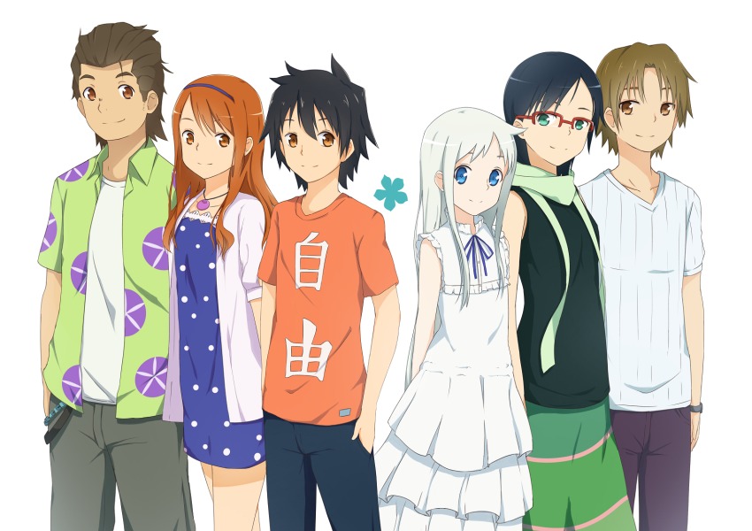 3boys 3girls 53c_(ray_cordova) alternate_hairstyle anjou_naruko ano_hi_mita_hana_no_namae_wo_bokutachi_wa_mada_shiranai. aqua_eyes blue_eyes brown_hair casual dress hands_in_pockets highres hisakawa_tetsudou honma_meiko long_hair looking_at_viewer matsuyuki_atsumu multiple_boys multiple_girls short_hair silver_hair tsurumi_chiriko yadomi_jinta