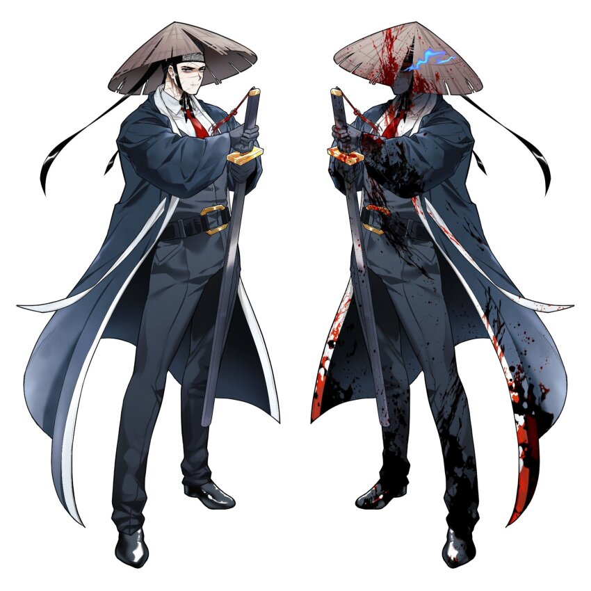 1boy belt black_belt black_coat black_eyes black_hair black_pants black_vest blood blood_on_clothes blood_on_face blue_eyes blue_fire chin_strap coat collared_shirt fire glowing glowing_eye hat highres limbus_company looking_at_viewer meursault_(project_moon) multiple_views necktie nyak_138 pants project_moon red_necktie rice_hat sheath sheathed shirt simple_background sword unsheathing vest weapon white_background white_shirt