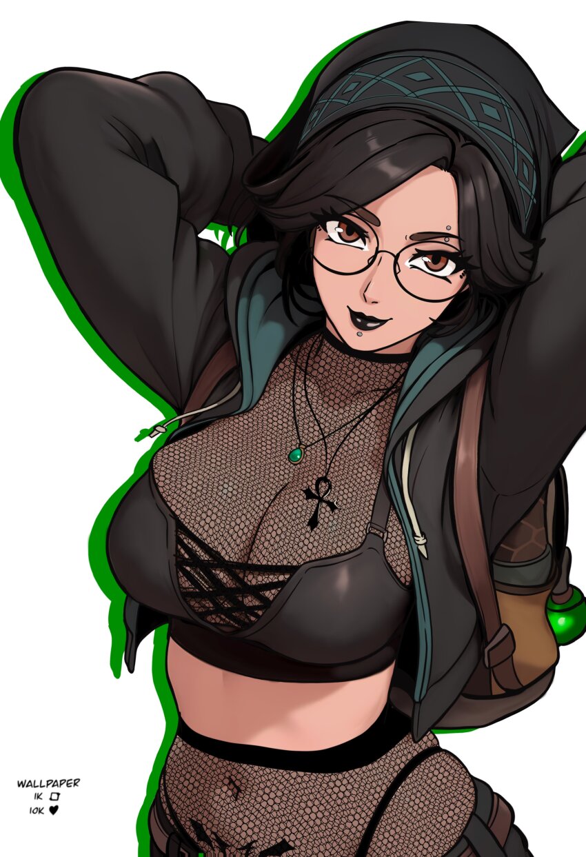 1girl absurdres alma_(monster_hunter_wilds) alternate_costume black_bra black_hair bra breasts brown_eyes chin_piercing cleavage eyebrow_piercing face_piercing fishnet_top fishnets glasses goth_fashion highres large_breasts looking_at_viewer monster_hunter_(series) monster_hunter_wilds navel piercing redpostit solo underwear