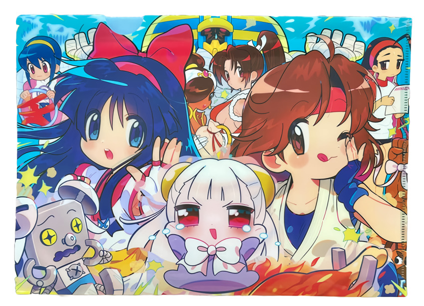 1boy 6+girls ainu_clothes anakaris arabian_clothes arms_up bird black_hair blue_eyes blue_hair braid braided_ponytail breasts brown_eyes brown_hair capcom capcom_vs_snk chibi chicken crossover dark-skinned_female dark_skin darkstalkers fatal_fury fingerless_gloves fire forehead gloves hair_over_one_eye hair_ribbon hands_on_own_face heabdand holding holding_paper ingrid_(capcom) jacket japanese_clothes justice_gakuen large_breasts looking_at_viewer low_twintails medium_breasts multiple_girls mummy nakoruru official_art one_eye_closed open_clothes open_jacket open_mouth outstretched_arm paper pink_eyes ponytail power_stone red_eyes ribbon robot ryuuko_no_ken samurai_spirits shiranui_mai sideboob small_breasts smile snk spread_legs star_gladiator tears teeth the_king_of_fighters tongue twintails white_hair wink yuri_sakazaki