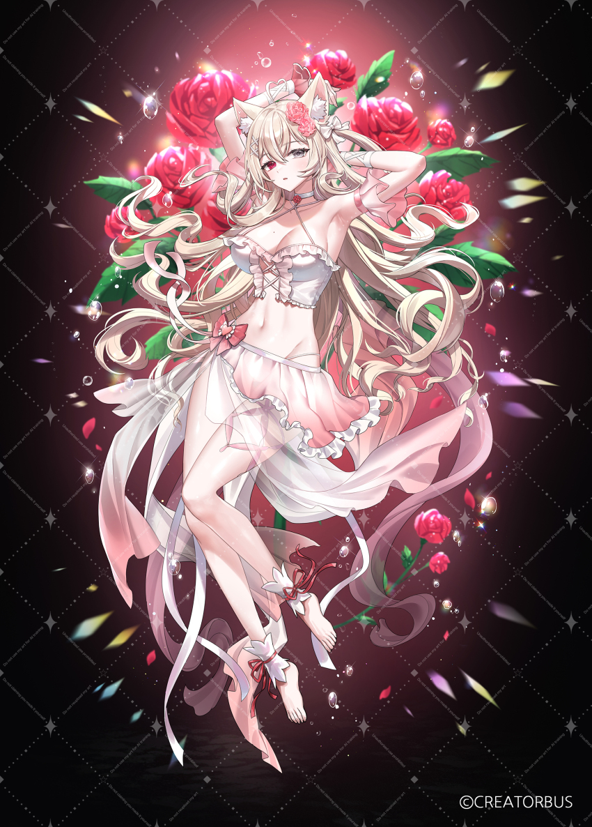 1girl absurdres ahoge animal_ears armpits arms_behind_head arms_up bare_shoulders barefoot blonde_hair bow breasts cat_ears center_frills choker cleavage collarbone commentary_request criss-cross_halter crop_top flower frilled_shirt frilled_skirt frills full_body grey_eyes hair_flower hair_ornament hair_rings halterneck heart heart_ahoge heterochromia hibiwa highres large_breasts lee_jooin long_hair looking_at_viewer midriff mole mole_on_breast multicolored_hair navel parted_lips pink_skirt red_bow red_eyes red_flower rose shirt skirt sleeveless sleeveless_shirt solo stomach streaked_hair thighs v-lup very_long_hair virtual_youtuber white_choker white_shirt
