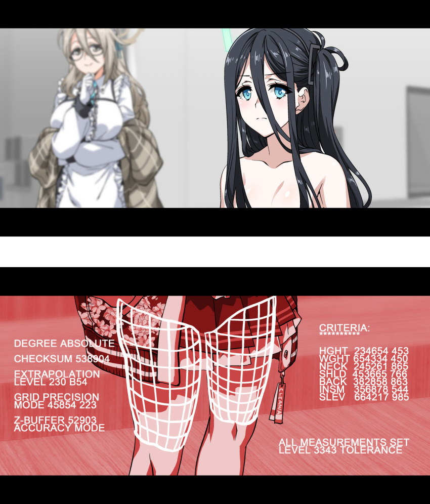 2koma 3girls akane_(blue_archive) apron aris_(blue_archive) blue_archive blurry comic completely_nude depth_of_field english_text halo henshako highres jacket letterboxed looking_at_another lower_body maid multiple_girls neru_(blue_archive) nude out-of-frame_censoring parody robot_pov shawl silent_comic sukajan terminator_(series) terminator_2:_judgment_day upper_body white_apron