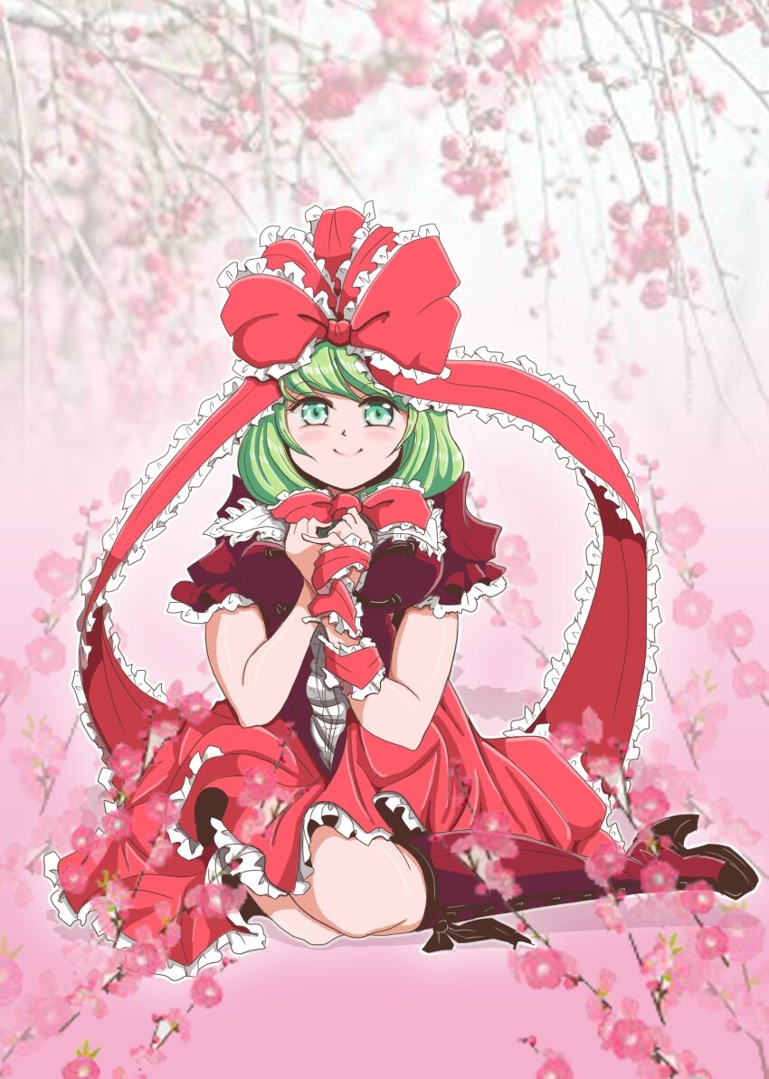 1girl absurdres arm_ribbon boots bow breasts collared_dress dress frilled_dress frilled_ribbon frills front_ponytail green_eyes green_hair hair_bow hair_ribbon highres kagiyama_hina looking_at_viewer puffy_short_sleeves puffy_sleeves red_bow red_dress red_ribbon ribbon short_sleeves sin78747622 smile solo touhou