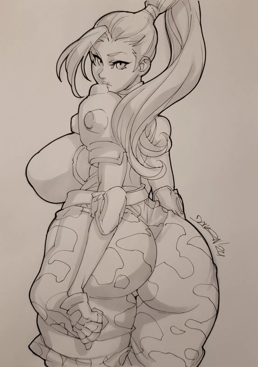 1girl ahoge aliens_vs_predator alternate_breast_size armor arms_at_sides artist_name ass ass_focus asymmetrical_armor backboob belt breasts camouflage camouflage_pants capcom cargo_pants clenched_hands covered_erect_nipples cowboy_shot cyborg daikon_(artist) female_focus fingerless_gloves from_behind gloves highres huge_ahoge huge_ass huge_breasts linn_kurosawa lips looking_at_viewer looking_back marker_(medium) military military_uniform monochrome pants ponytail shoulder_armor shoulder_pads signature solo source_request thick_lips traditional_media tsurime v-shaped_eyebrows wavy_hair
