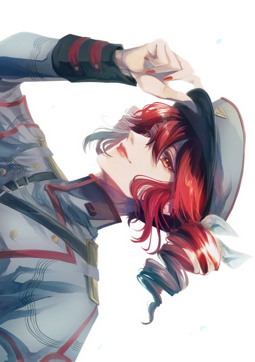 1girl absurdres arm_up belt black_belt black_sleeve_cuffs bow commentary_request double-parted_bangs drill_hair fingernails flat_chest grey_hat grey_jacket hair_between_eyes hair_bow hair_ribbon hat highres itsukey_mouse jacket kasane_teto kasane_teto_(sv) kepi lips military_hat musical_staff musical_staff_print red_eyes red_hair red_nails ribbon shoulder_belt shoulder_boards simple_background solo striped_clothes striped_jacket synthesizer_v twin_drills upper_body utau white_background white_bow white_ribbon