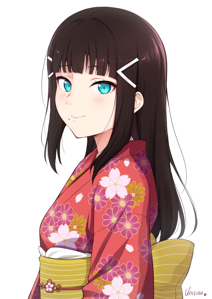 1girl aqua_eyes arms_at_sides artist_name back_bow black_hair blunt_bangs blush bow closed_mouth commentary floral_print flower_symbol from_side hair_ornament hairclip highres japanese_clothes kimono kurosawa_dia long_hair long_sleeves looking_at_viewer looking_to_the_side love_live! love_live!_sunshine!! mole mole_under_mouth obi obijime print_kimono red_kimono sash sidelocks simple_background smile solo unsfrau upper_body white_background yellow_bow