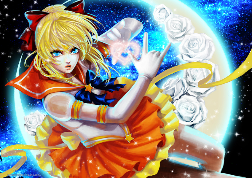 1girl ahoge artoria_pendragon_(fate) bishoujo_senshi_sailor_moon bishoujo_senshi_sailor_moon_stars blonde_hair blue_eyes bow brooch choker cosplay crescent crescent_moon elbow_gloves fate_(series) female_focus flower gloves hair_bow jewelry m/ magical_girl moon night orange_skirt realistic rose saber_(fate) sailor_venus sailor_venus_(cosplay) skirt solo star_brooch sun_dou super_sailor_venus_(stars) super_sailor_venus_(stars)_(cosplay) white_flower white_rose