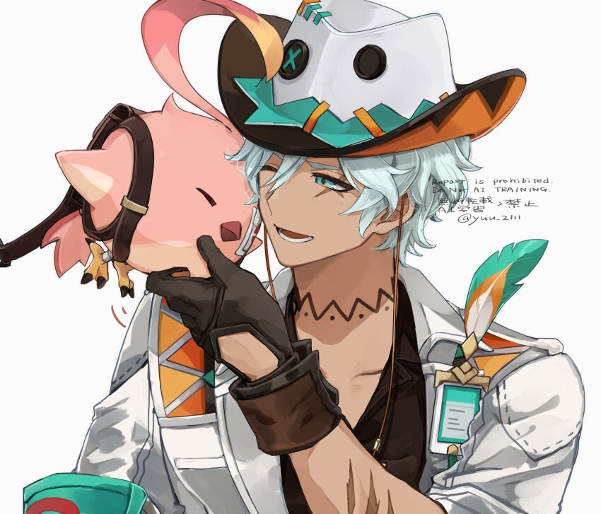 1boy ;d artist_name bird black_gloves black_shirt blue_eyes cacucu collarbone collared_shirt cowboy_hat dark-skinned_male dark_skin eyepatch feathers genshin_impact gloves hair_between_eyes hand_up hat highres id_card ifa_(genshin_impact) jacket lapels looking_to_the_side lower_teeth_only male_focus medical_eyepatch nuzzle one_eye_closed open_clothes open_jacket open_mouth scar scar_across_eye scar_on_arm scar_on_face shirt short_hair simple_background smile solo talons teeth twitter_username upper_body watermark white_background white_hair white_hat white_jacket yuu_(areruya)