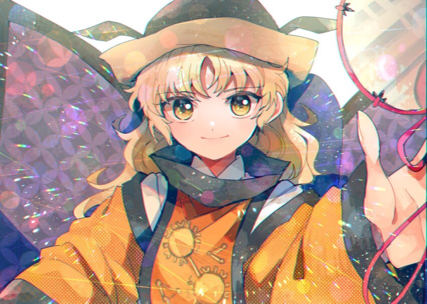 1girl black_hat blonde_hair bloom brown_hat closed_mouth constellation_print detached_sleeves drum hand_up hat instrument itomugi-kun long_hair long_sleeves looking_at_viewer matara_okina orange_sleeves orange_tabard shirt simple_background sitting smile solo tabard throne touhou tsuzumi two-tone_hat upper_body wavy_hair white_background white_shirt wide_sleeves yellow_eyes