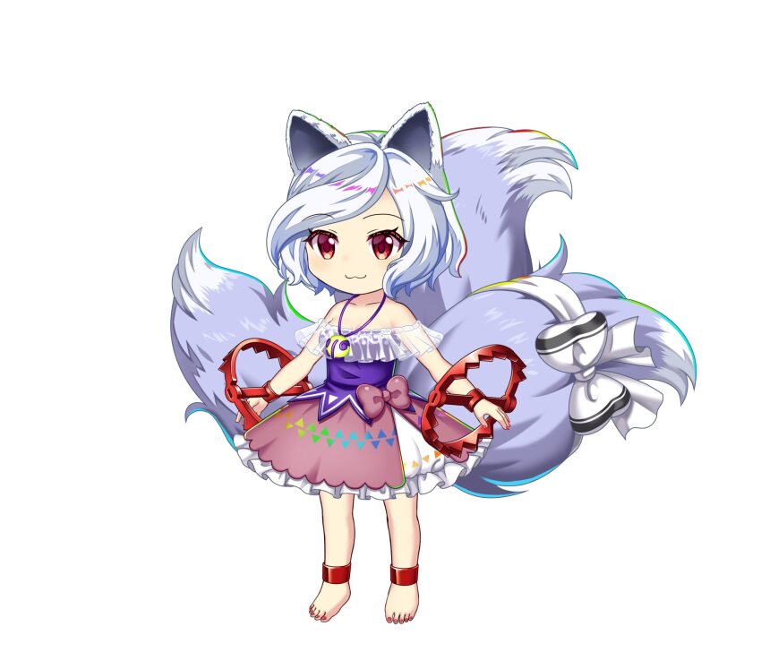 1girl :3 a-pose animal_ears ankle_cuffs bare_shoulders barefoot bear_trap bow breasts cerberus chibi dog dog_ears dog_girl grey_tail highres jewelry medium_breasts mitsugashira_enoko multiple_tails nail_polish necklace red_eyes rotte_(1109) sprite tail touhou touhou_lostword white_hair