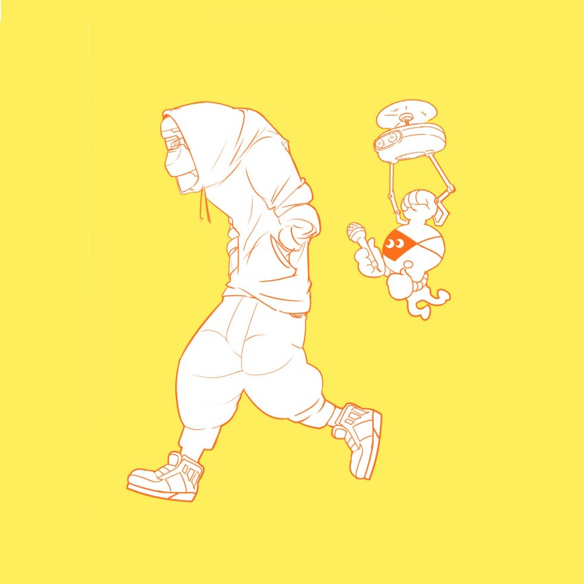 2boys arms_(game) baggy_pants cobushii_(arms) drone full_body highres hood hoodie kid_cobra male_focus microphone monochrome multiple_boys nintendo open_mouth pants shanty_(mattariino) shoes simple_background sneakers thumbs_up walking yellow_background