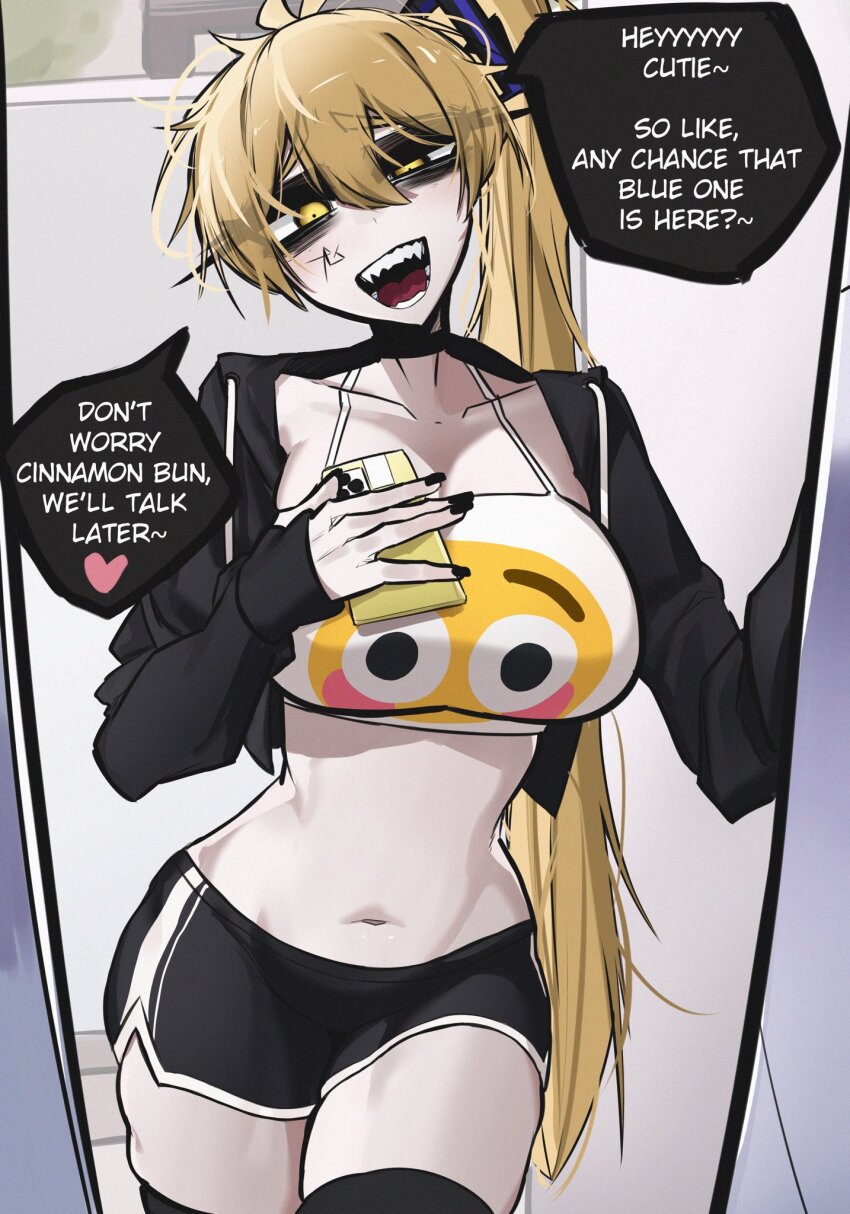 1girl ace_glitch akita_neru black_choker black_jacket black_nails black_shorts black_thighhighs blonde_hair breasts cellphone choker crop_top dolphin_shorts emoji flushed_face_emoji flushed_face_emoji_shirt_(meme) highres holding holding_phone jacket large_breasts long_hair meme nail_polish navel open_mouth phone sharp_teeth shorts side_ponytail smartphone speech_bubble tank_top teeth thighhighs very_long_hair vocaloid white_tank_top