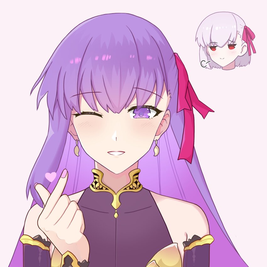 absurdres armlet bare_shoulders blush breasts cosplay detached_sleeves dress earrings fate/grand_order fate/stay_night fate_(series) finger_heart hair_ribbon hand_up heart highres jewelry kama_(fate) kama_(fate)_(cosplay) kama_(first_ascension)_(fate) long_hair looking_at_viewer lotus_print matou_sakura multiple_girls one_eye_closed purple_dress purple_eyes purple_hair purple_sleeves red_eyes red_ribbon ribbon short_hair smile tetranort upper_body white_hair