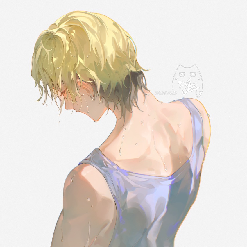 1boy absurdres artist_logo back back_focus bare_shoulders black_hair blonde_hair blush closed_eyes closed_mouth from_behind highres logo male_focus multicolored_hair nape shiguang_dailiren shirt short_hair signature simple_background sleeveless solo sweat tank_top upper_body wet wet_clothes wet_hair white_background xia_fei you_yeyou0904
