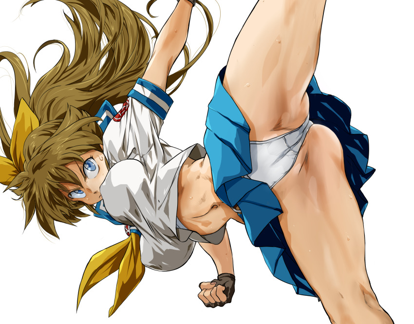 1girl auge_(akd) black_gloves blue_eyes blue_skirt borrowed_character bow bra bra_peek breasts brown_hair fingerless_gloves gloves glowing hair_bow highres kicking long_hair m.u.g.e.n midriff navel neckerchief original panties pleated_skirt ponytail ryuko_(oggyoggy) school_uniform serafuku short_sleeves simple_background skirt solo underwear white_background yellow_bow yellow_neckerchief