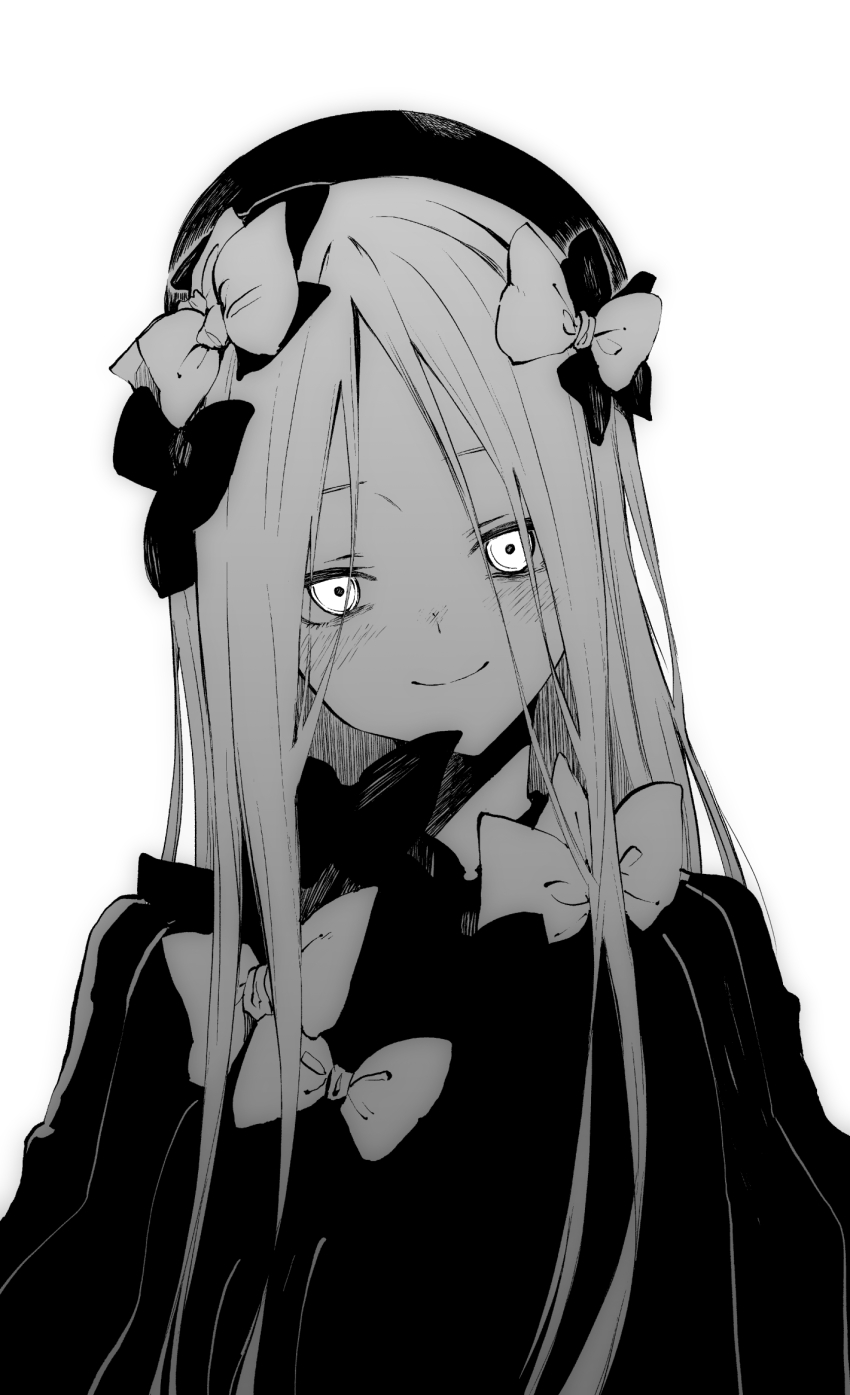1girl abigail_williams_(fate) black_dress black_hat bow dress fate/grand_order fate_(series) greyscale hair_bow hat head_tilt highres long_hair looking_at_viewer monochrome multiple_hair_bows parted_bangs simple_background smile solo tsukamoto_minori upper_body white_background