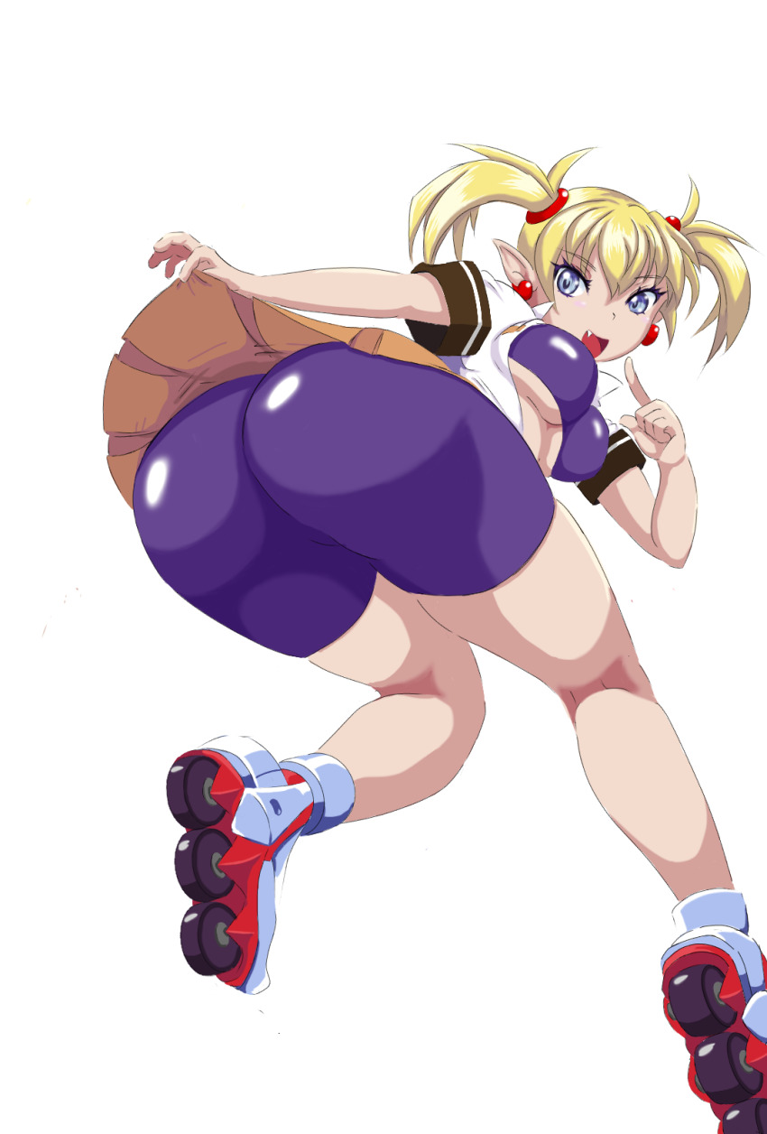 1girl arcana_heart artist_request ass bent_over bike_shorts blonde_hair blue_eyes breasts clothes_lift earrings fang female_focus from_behind highres huge_ass jewelry leaning leaning_forward lilica_felchenerow looking_at_viewer medium_breasts open_mouth roller_skates school_uniform shiny_clothes shiny_skin short_hair skates skirt skirt_hold skirt_lift smile solo twintails